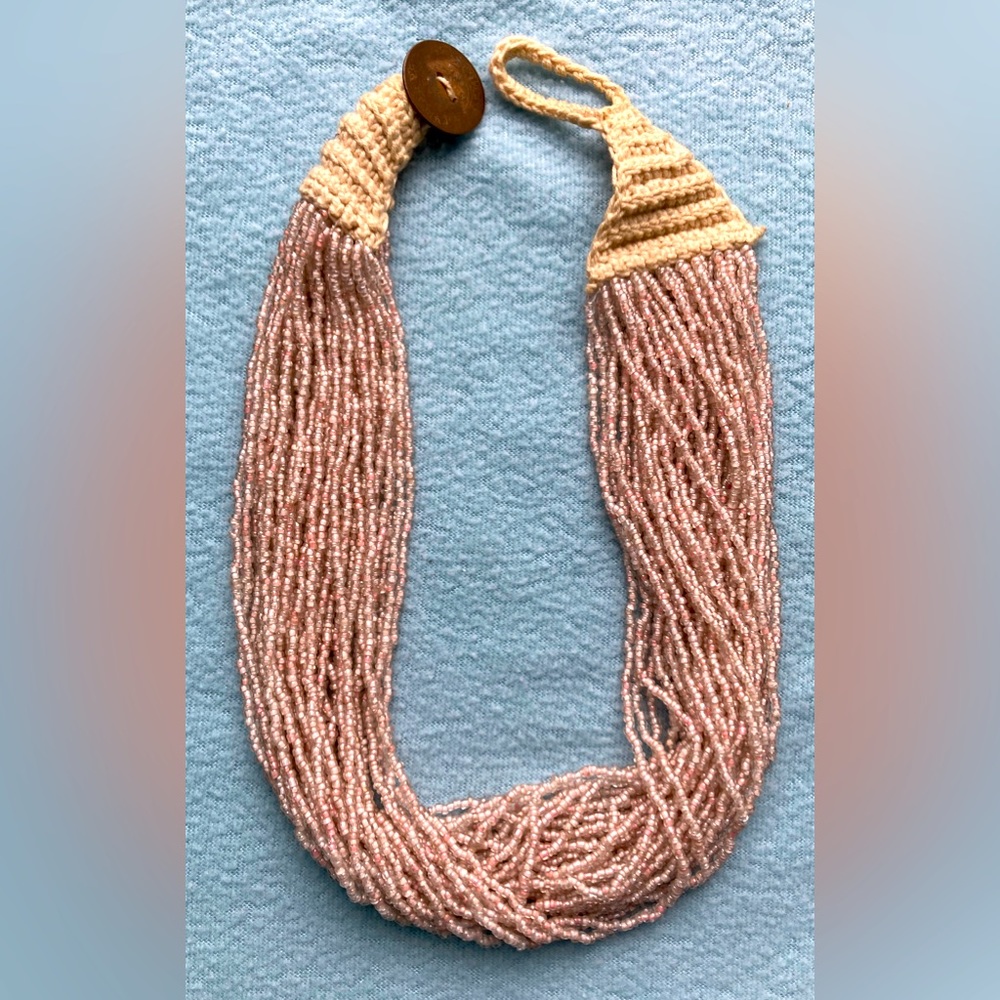 Seed Bead 40 strand necklace, crochet & button hook, light pink & white